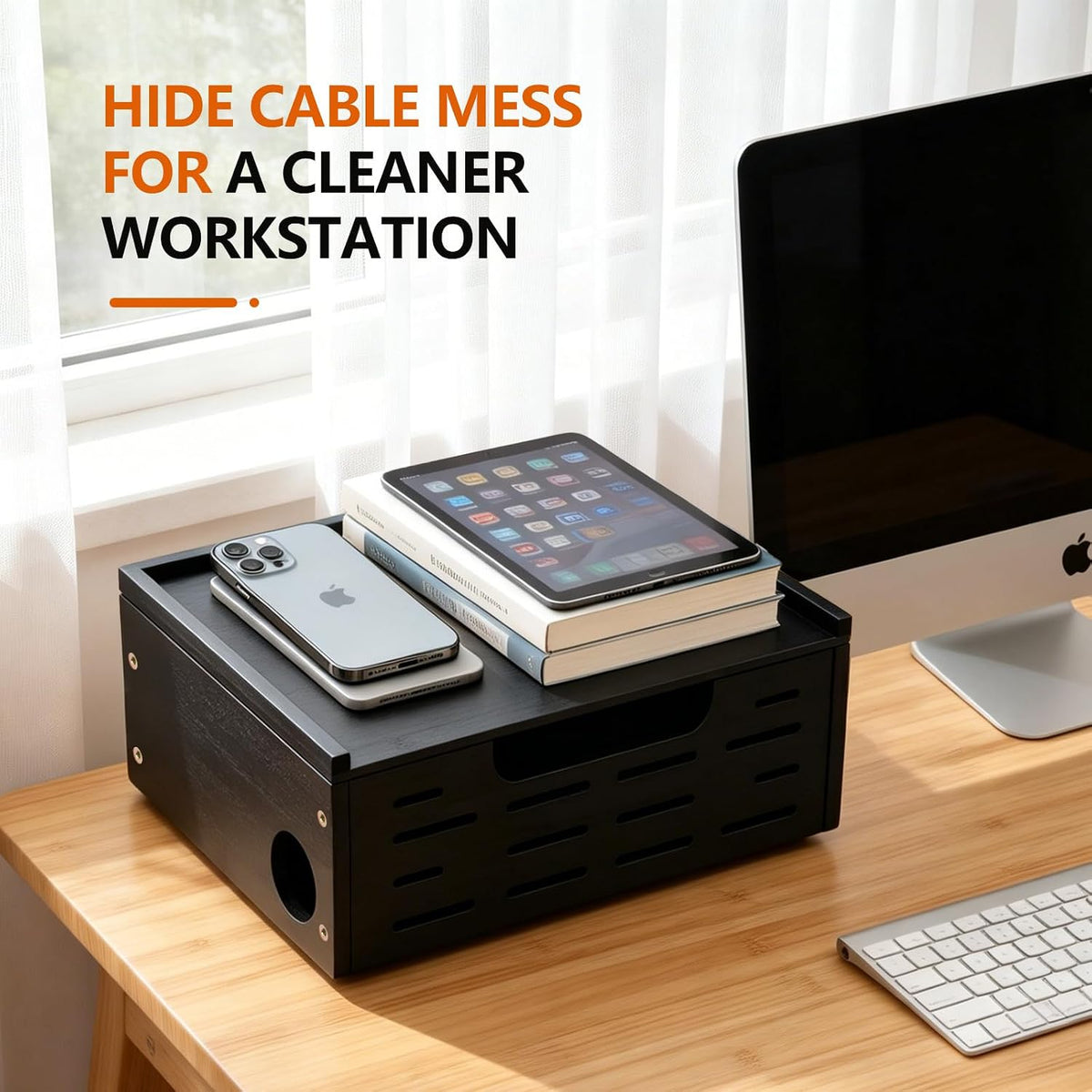 Wooden Cable Management Box - A Stylish Cable Storage Box, Suitable for Power sockets, USB Hiding, TV Cables, Desktop and Floor Cables - a Large Cable Storage Box for Management