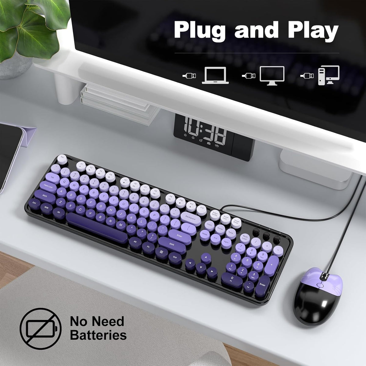 MOFII Wired Retro Typewriter Keyboard and Mouse Combo, Full Size USB Plug & Play for Windows PC Laptop- Black Purple