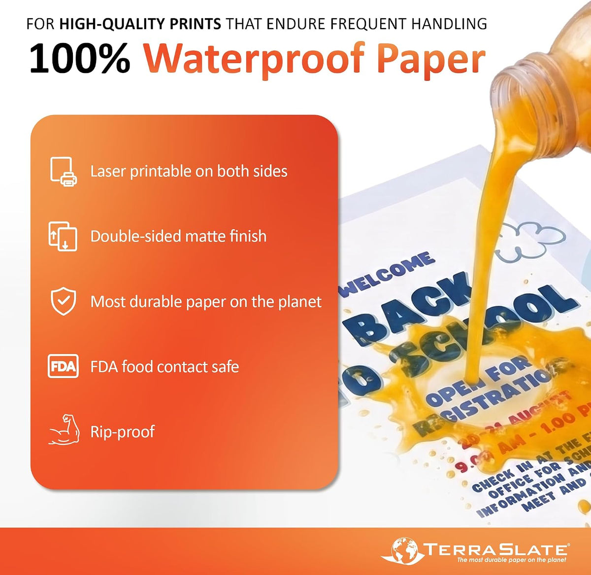TerraSlate Waterproof Laser Printer Paper – 8 Mil 8.5"x14", 100 Sheets, White – Rip-Proof, Heavy-Duty for Outdoor Use, Smudge Proof, Ideal for Printing, Copying & More