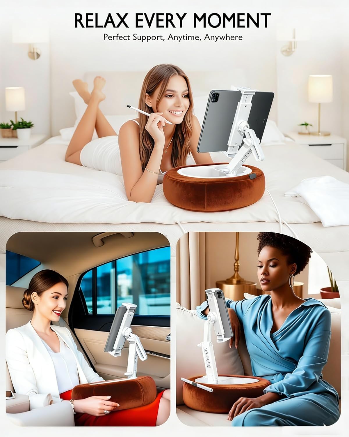 Miledi Tablet Pillow Stand for Bed with Detachable Snack Bowl, Terracotta