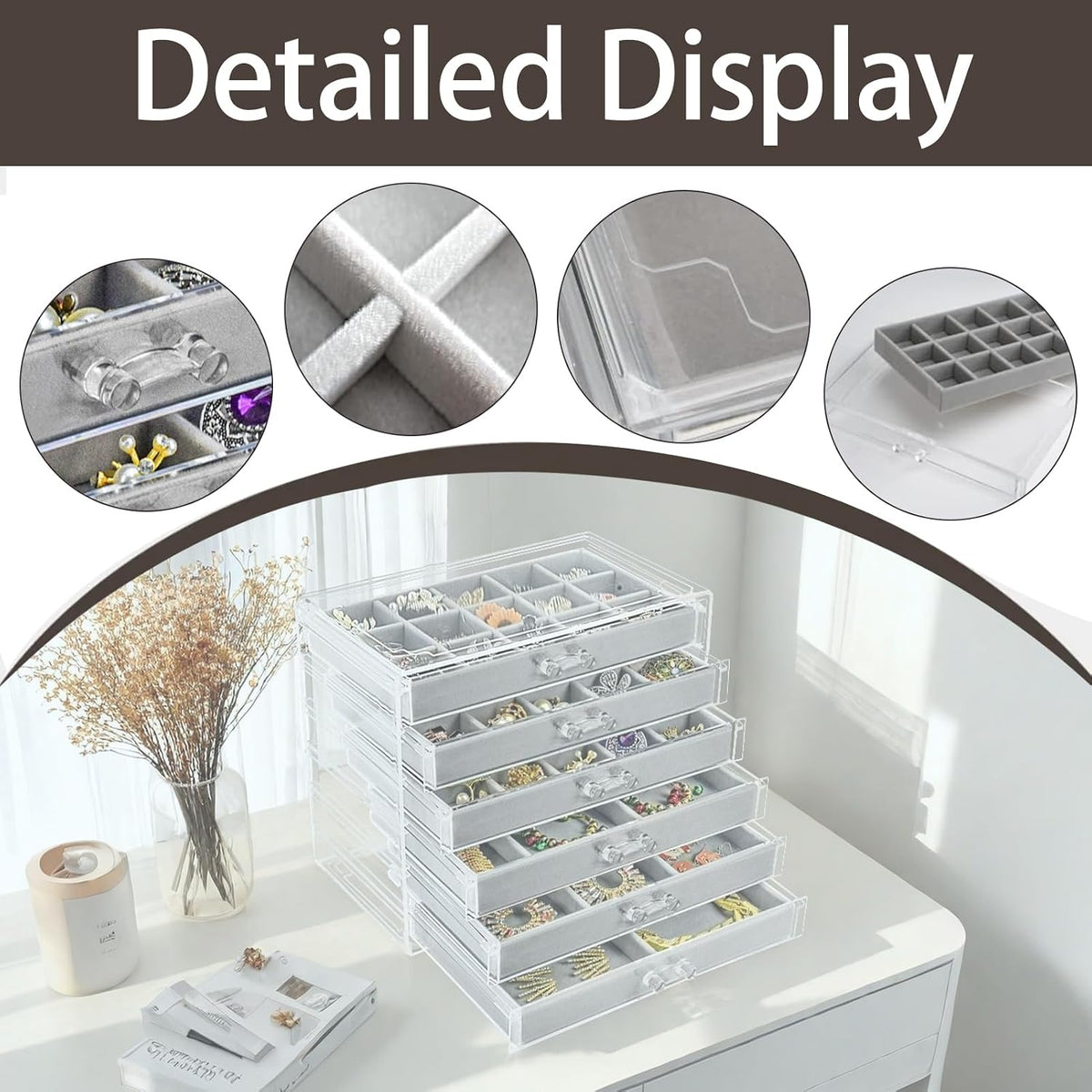 Watpot Acrylic Jewelry Box Organizer and Storage 6 Drawer for Earring Display Gray