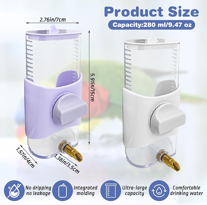 PINVNBY 2 PCS Automatic Bird Water Dispenser 9.47 Fl Oz Parakeet Water Dispenser for Cage Suspended Water Feeder Bird Cage Accessories for Budgie Lovebird Cockatiel Finch (White + Purple)