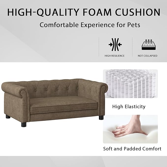 Elevated Rectangle Dog Sofa for Small & Medium Dogs - Comfortable Linen Fabric Dog Bed with Button Tufted Back, Durable Modern and Stylish Pet Bed for Living Room, Bedroom (Brown)