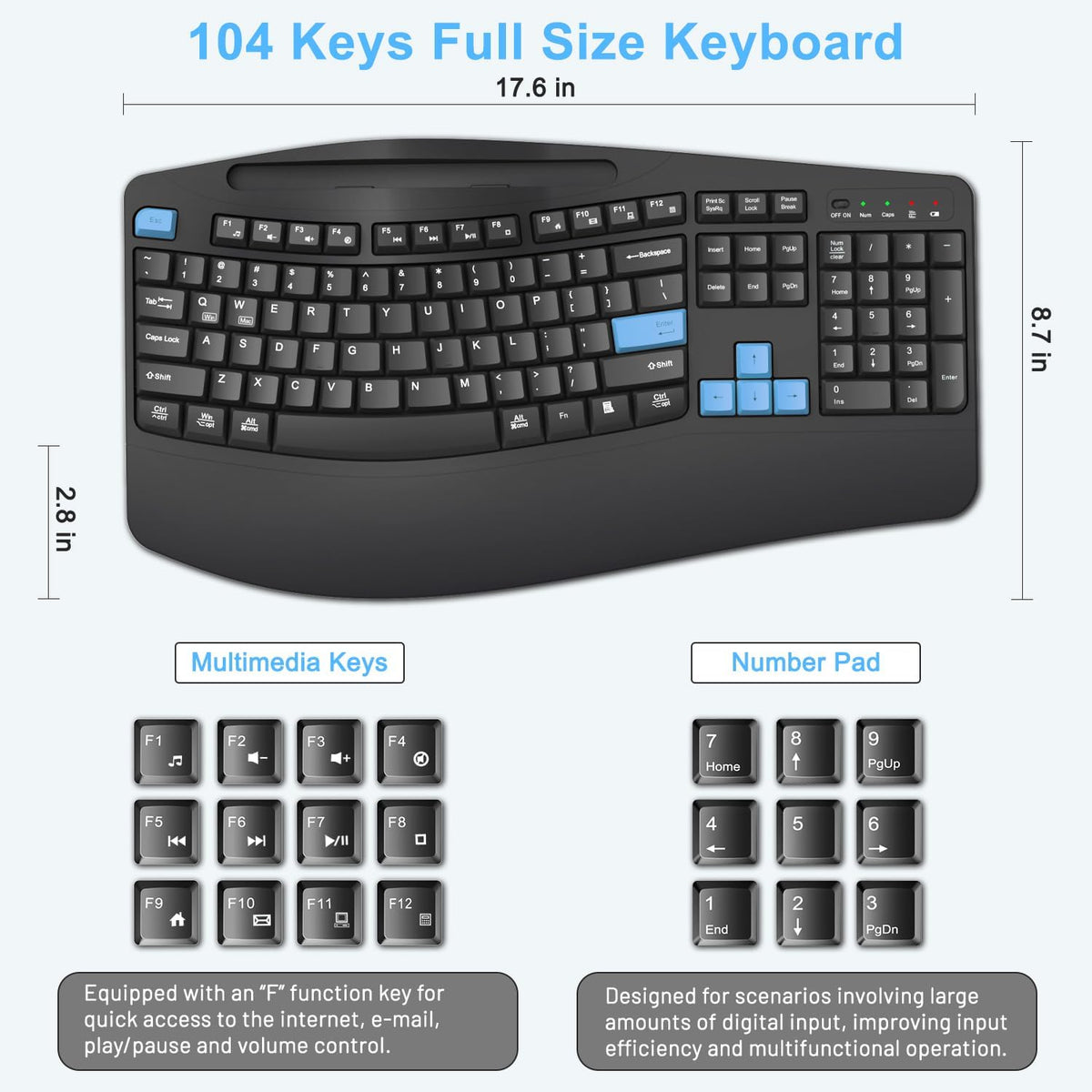 Wireless Keyboard and Mouse Combo, Full Size Ergonomic Wave Keys(Blue)