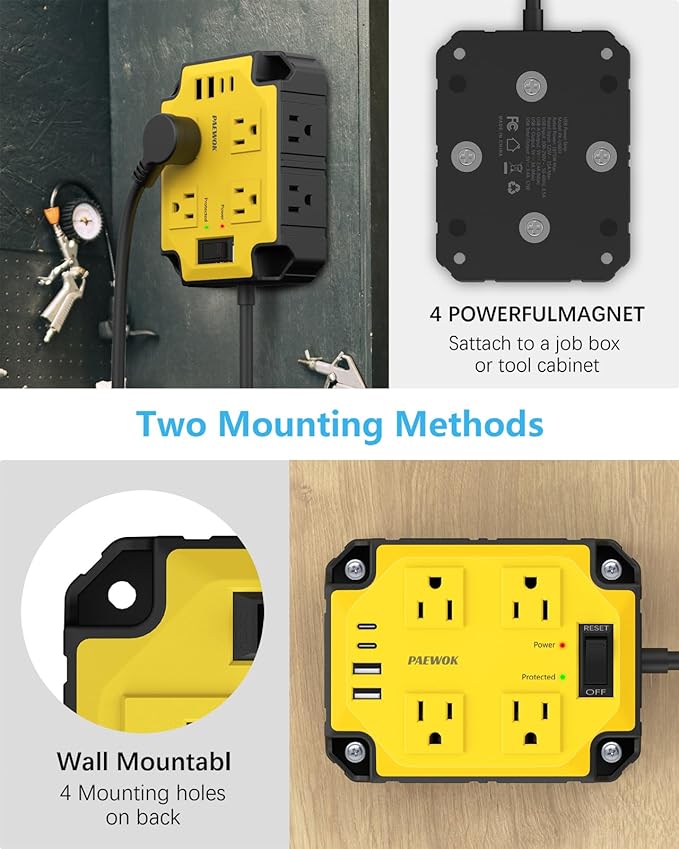 8-Outlets Heavy Duty Power Strip with 4 USB Ports(2 USB-C), Industrial Magnetic Surge Protector Power Strip 15 Amps/1200 Joules, 6.5 Ft Multi-Plug Electric Extension Cord for Workshop Garage (Yellow)