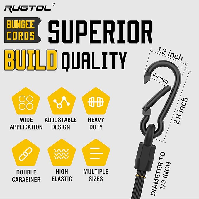 Bungee Cords with Hooks, Upgrade 12pcs Assortment Heavy Duty Outdoor with 48'' Adjustable Bungee Cords Carabiner Black, 6'' Canopy Tarp Ball Ties and Tarp Clips for Tents, Cargo, Camping