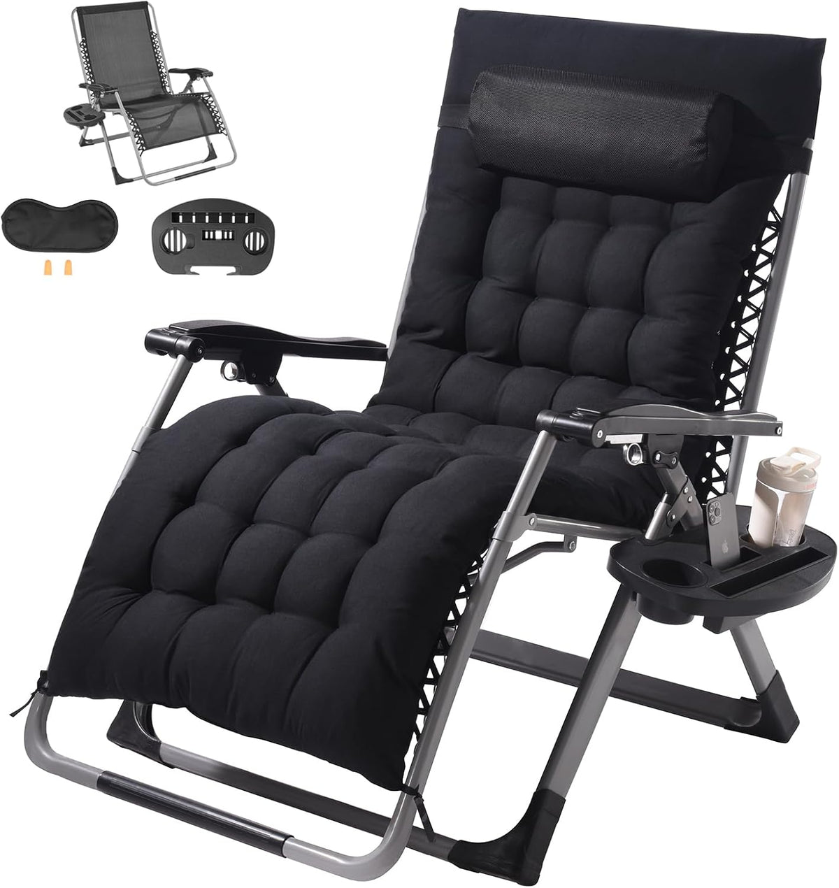 VEVOR Zero Gravity Chair, 33 inch Zero Gravity Recliner Lounge Chair for Indoor and Outdoor, Adjustable Anti Gravity Chair with Cushion, Headrest, Footrest, and Cupholder, 500 lbs, Black