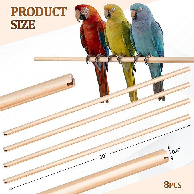 Sintuff 8 Pcs Bird Perches for Cage Accessories, Wooden Perch Rods Replacement with Double Head Slots, 0.6 Inch Diameter Natural Wood Stand for Parrot Macaw Cockatoo Parakeet(30 Inches)