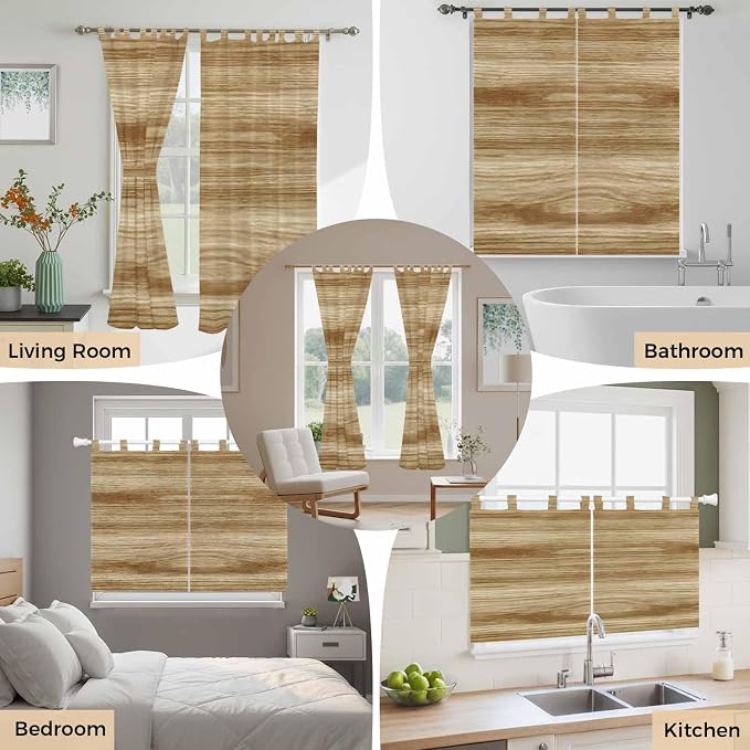 Light Brown Wood Grain Bathroom Curtains 63 Inch Length, Window Curtains Tab Top