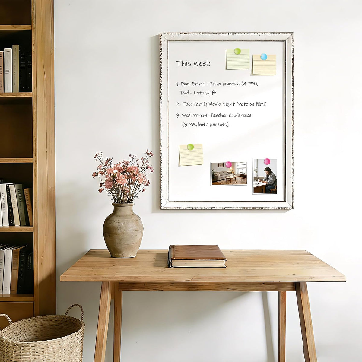 Magnetic White Board for Wall, 24" x 18", Rustic Whitewashed Wooden Frame