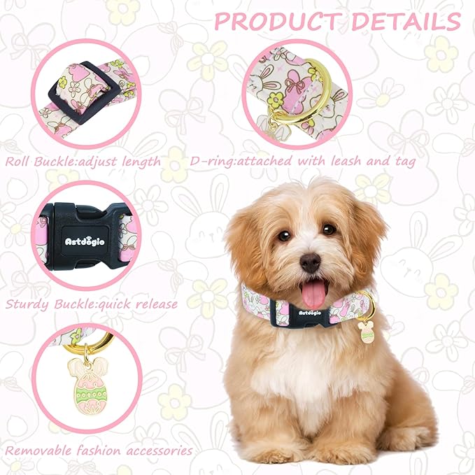 Easter Dog Collar, Spring Dog Collar with Cartoon Rabbit Pattern, Adjustable Cotton Puppy Collars Girl Boy Collar for Small Medium Large Dogs,XS