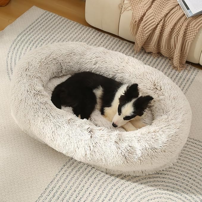 Glow Pups Calming Dog Bed, Egg Crate Dog Bed with Memory Foam Bolster, Luxurious Faux Fur Cozy Oval Design, Machine Washable Removable Cover, Non-Slip Base, Light Grey (23.6" x 19.6" x 7")