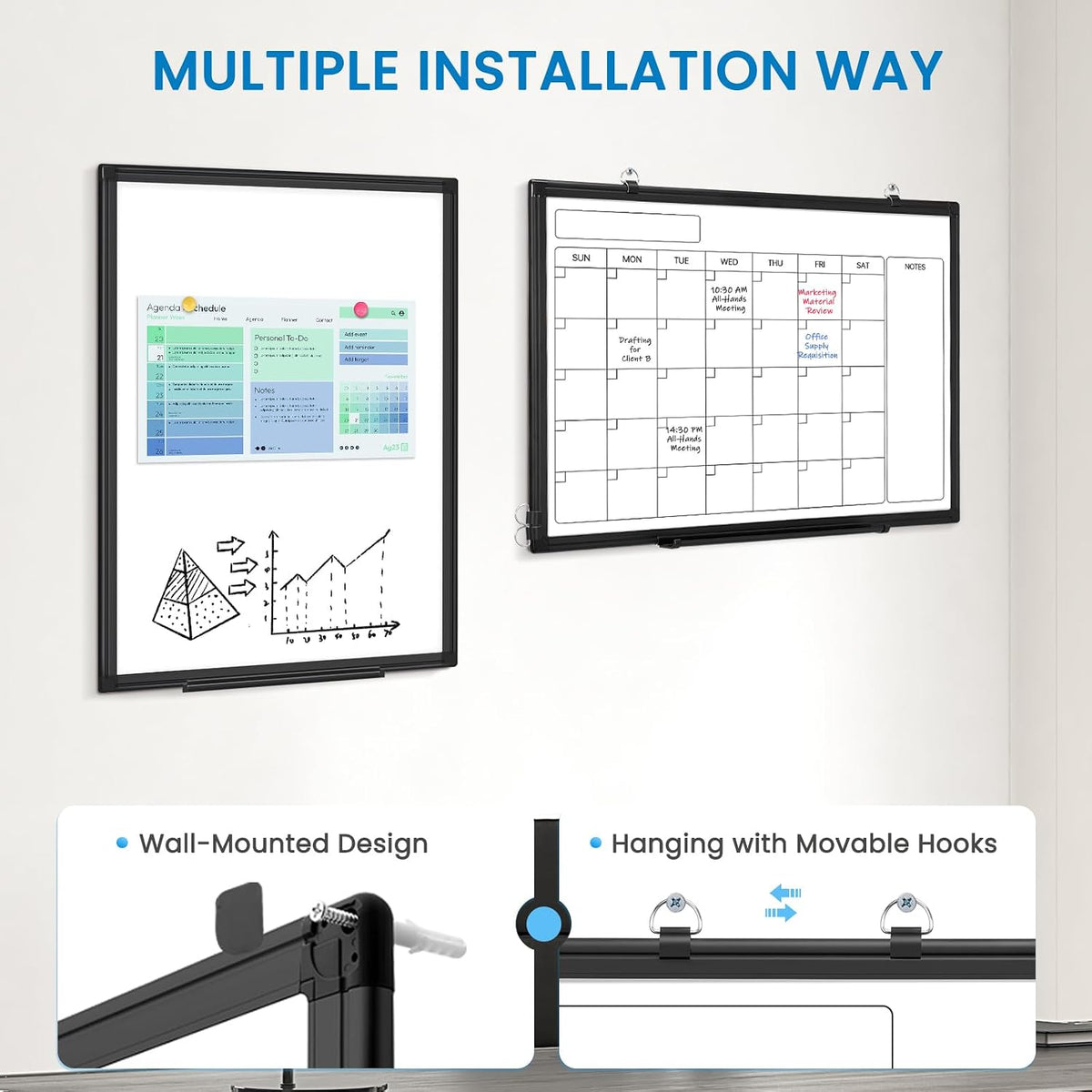 Whiteboard Calendar 36x24 Magnetic Dry Erase Board for Wall, Black