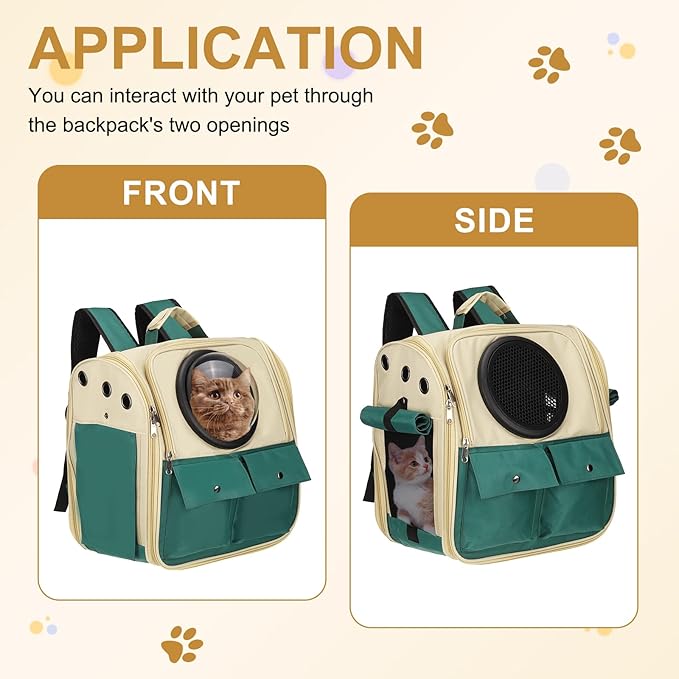 Pet Backpack Carrier, Portable and Ventilated, Oxford Cloth, Dogs Cats and Small Animals Travel Bag 12.99", (Khaki Green, 1 Pcs), Intended for Hiking/Camping/Traveling