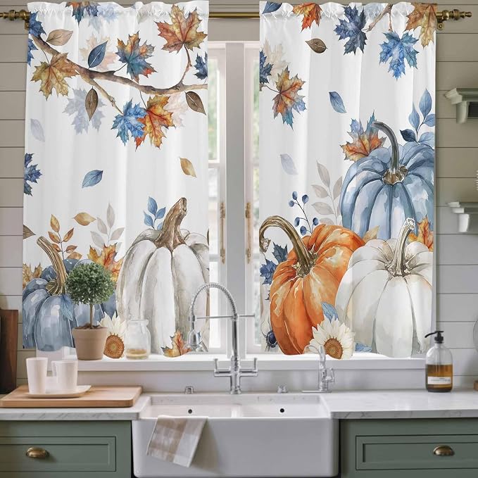 Navy Blue Pumpkin Fall Window Curtains 63 Inch Long 2 Panel Set, Rod Pocket