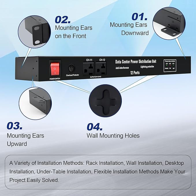 1U PDU Network Servers Surge Protector Power Distribution Unit 12-Outlet