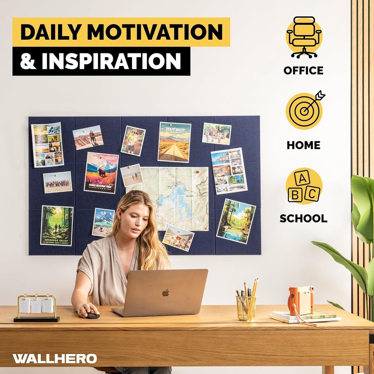 WALLHERO Large Cork Board Alternative | 15 Pack | Sizing Up to 59”x36”, Felt Wall Tiles, Office Wall Decor, Large Cork Boards for Walls, Corkboard, Cork Board for Office, Pin Board, Blue