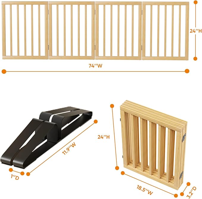 Natural 37-74" Wide Dog Gate for Stair, Bamboo Dog Gates for The House Doorways, Freestanding Pet Gates for Dogs, Doogie Puppy Fence Gate