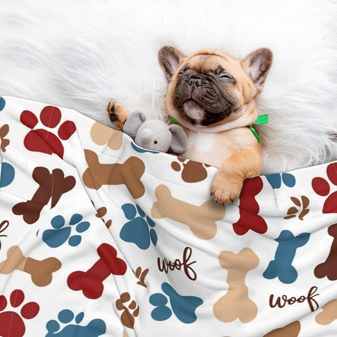 Pet Blanket for Travel and Home, Dog Bones Paw Prints Cream, Reversible Plush Dot Design with Soft Grip Texture on One Side Perfect for Car Seats Moving Vehicles