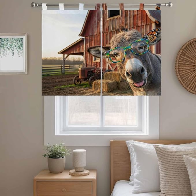 Farm Donkeys Kitchen Curtains 45 Inch Length, Short Cafe Window Curtains Tab Top