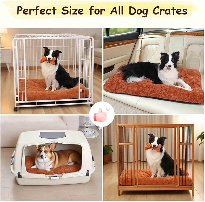 Washable Dog Bed for Small to Large Dogs, Calming Anti Anxiety Medium Dog Bed, Deluxe Plush Faux Fur Crate Beds, Comfy Fluffy Kennel Pad Pet Sleeping Mat with Non-Slip Bottom, 35"x22", Brown