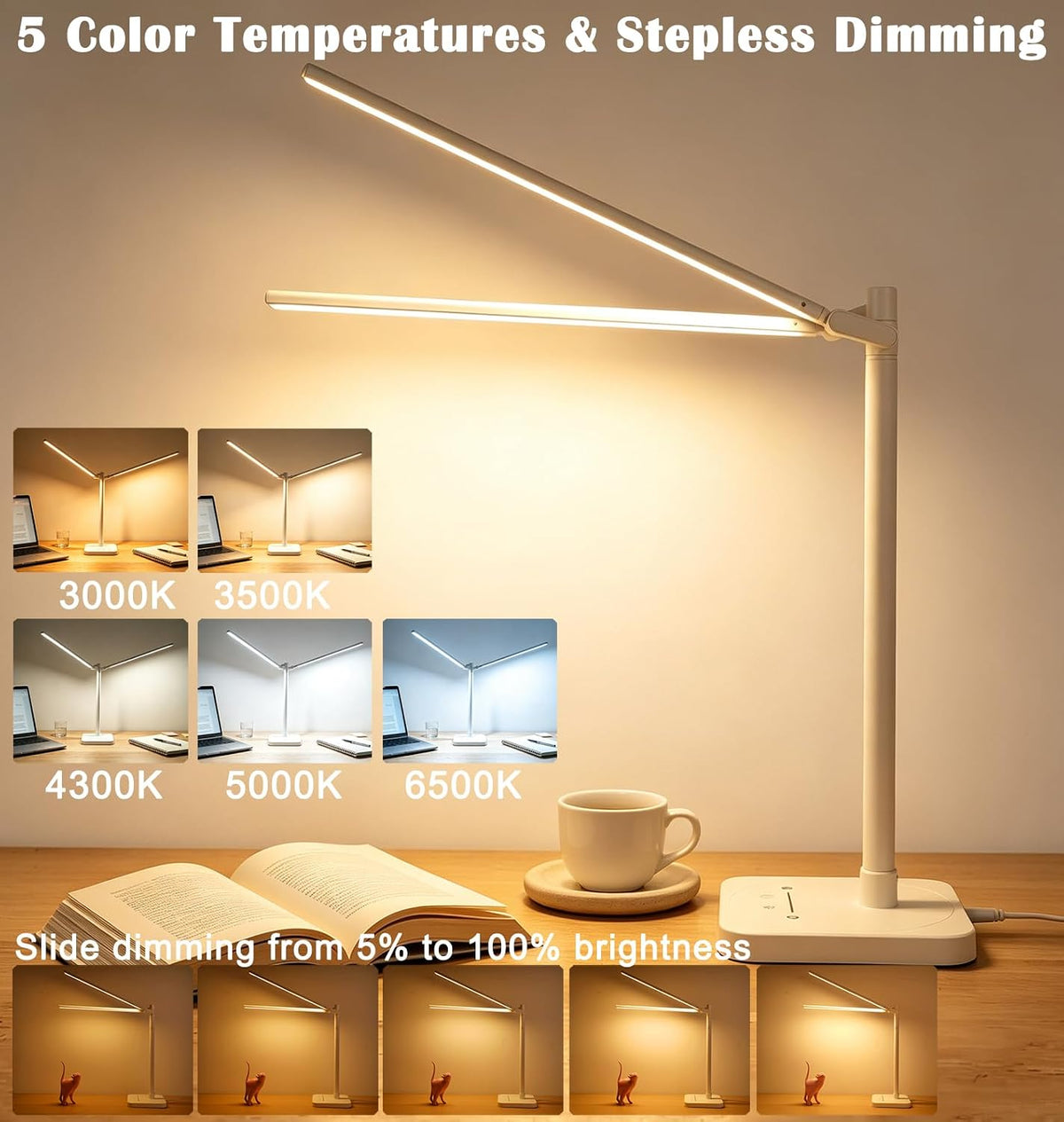 Desk Lamp for Office Home Dual Head 24W Swing Arm Reading Table Lamp White