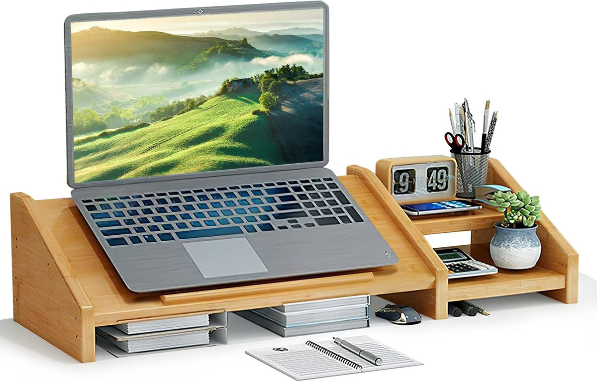 Ufine Bamboo Laptop Stand for Desk with Storage Computer Monitor Riser