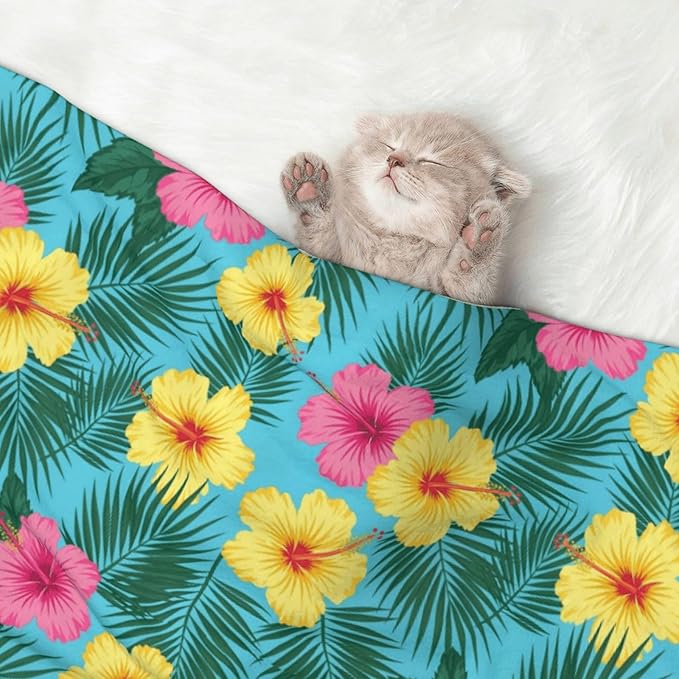 Dog and Cat Blanket in One, Hawaii Tropical Floral Plants, Double Sided Plush Throw with Raised Dot Pattern on One Side and Flat Velvet on Other for Variety