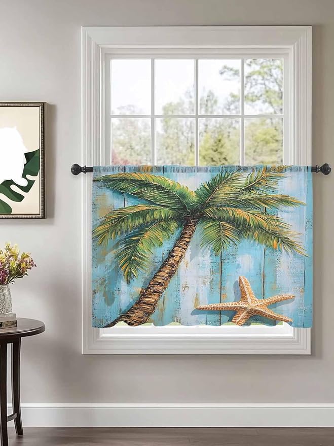 Sheer Curtains 54 Inch Length, Coastal Beach Tree Semi Sheer Curtains Light