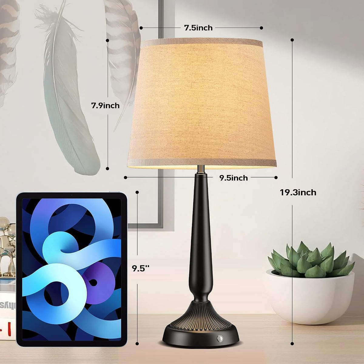 PARTPHONER Cordless Table Lamp, 5000mAh Battery Rechargeable Touch Lamp, 3-Level Brightness Bedside Lamps, Modern Black Iron Design, Desk Lamp for Patio Camping, Dining, Home