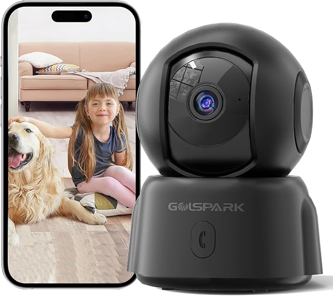GOLSPARK 2K Indoor Security Camera for Baby Monitor, 2.4GHz WiFi 360 Pet Camera with Night Vision Motion Tracking Detection Two-Way Audio Sleep Mode SD Card Cloud Storage, Black