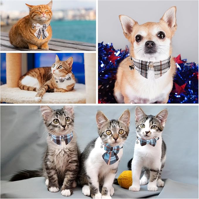 Cat Collar with Bells Breakaway, Bowtie Cat Collar for Boy Girl Cats with Removable Bow Tie Collar, Cute Plaid Kitten Collar with Bell & Pendant Adjustable, 2 Pack Pet Collars for Cats Puppy