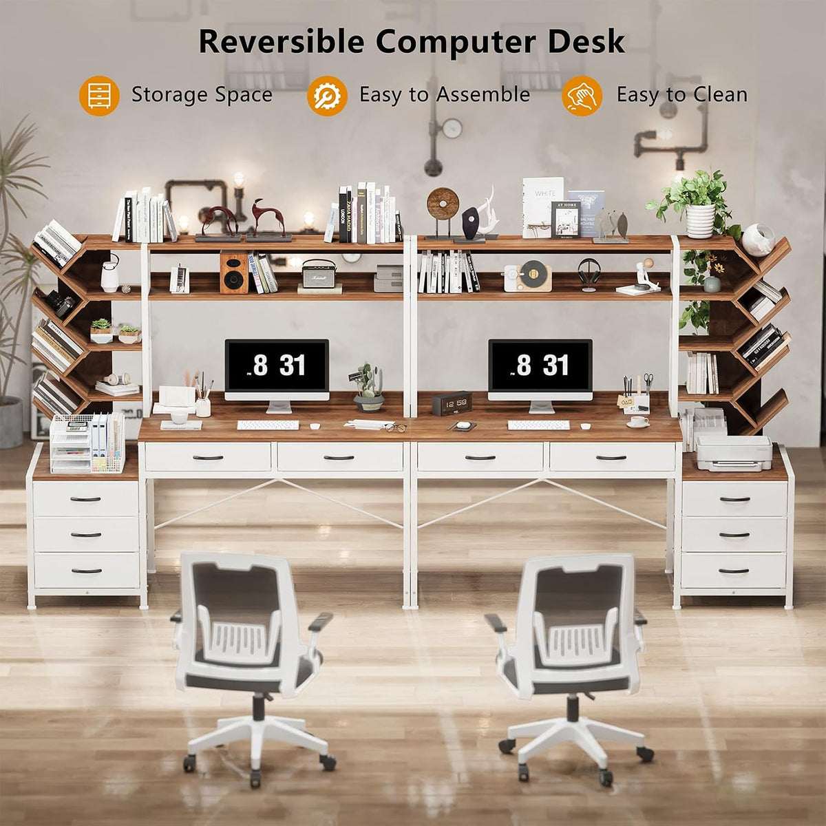 YOMILUVE 52" Computer Desk with Bookshelf, 5 Drawers ＆ Hutch for Bedroom