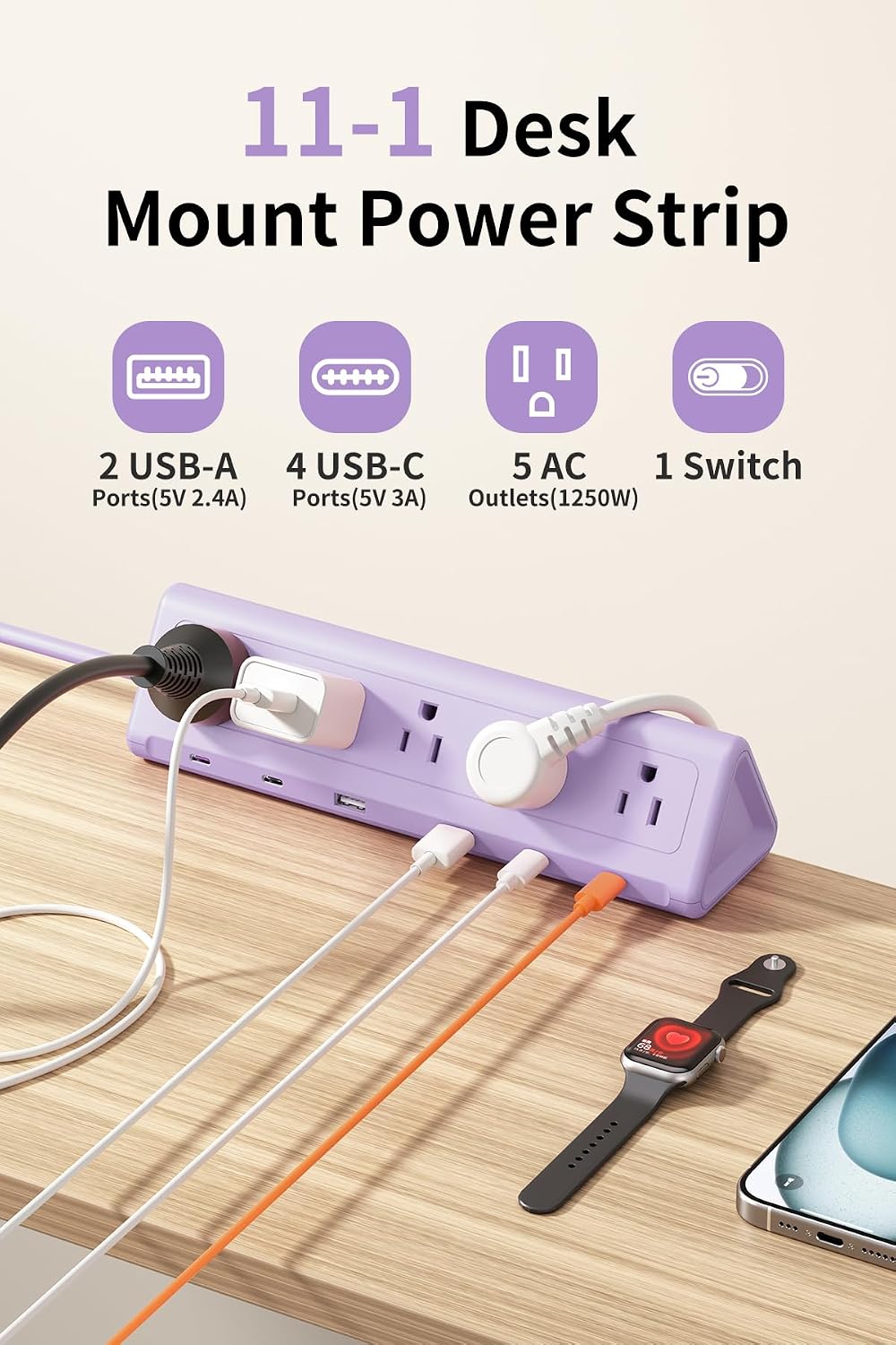 AnnTane Desk Clamp Power Strip USBC, 40W Fast Charging, 6.5 Ft, Purple