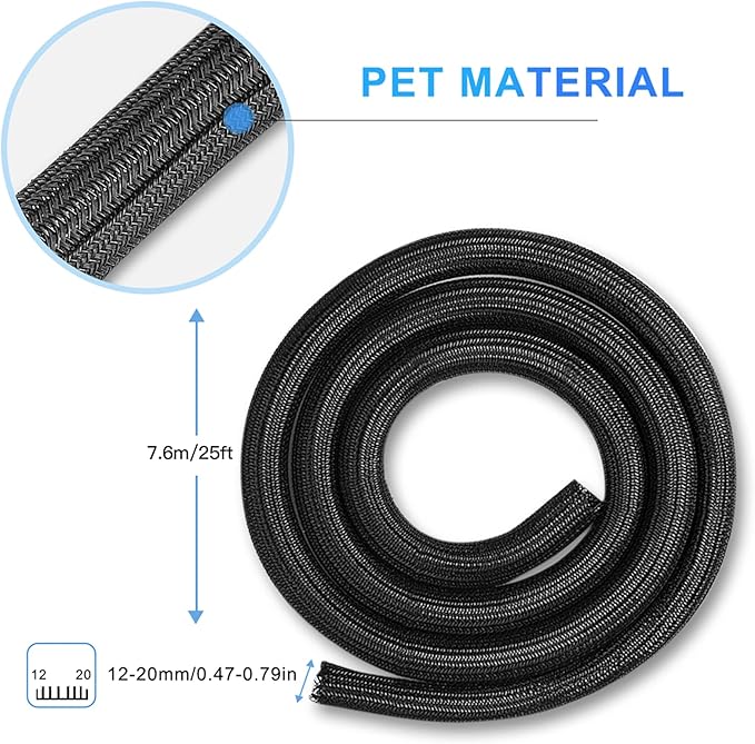 AGPTEK Cable Sleeve Cover, 25ft - 4/5 inch Desk Cord Organizer Cable Hider, Home Office Wire Management Computer TV Wire Loom Tubing, Pet Proof Cord Protector, from Cat Dog Chewing, Black