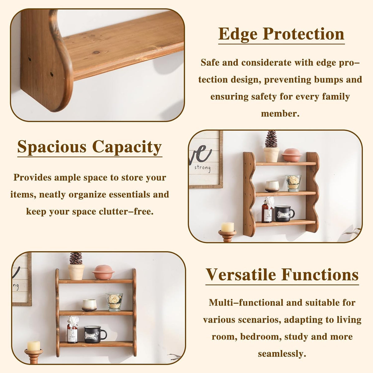 100% Solid Wood Wall Shelf 3-Tier, Rustic Floating Shelves Wall Mounted Storage Rack, Farmhouse Decor Hanging Shelf Display Shelves for Apartment, Living Room and Bedroom