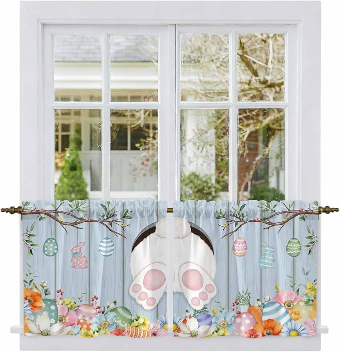 Easter Kitchen Tier Curtains 36 Inch Long 2 Panel Set, Rod Pocket Half Window