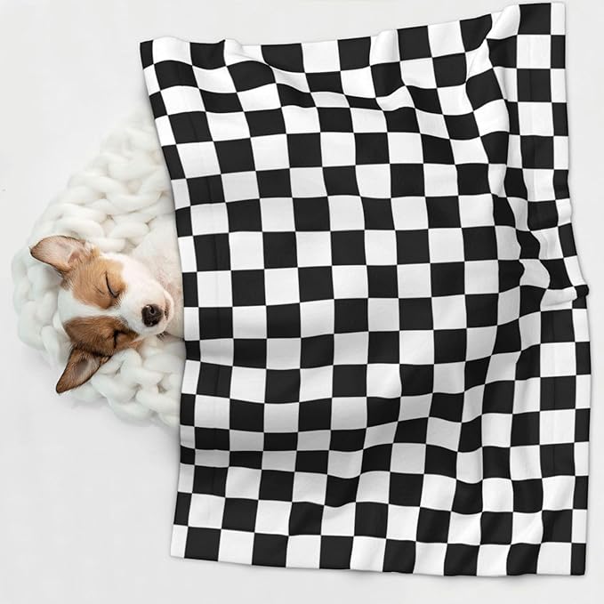 Two Sided Plush Pet Blanket for Crates Carriers Home Use, Black and White Checkered, Reversible Throw with Cozy Dot Fabric and Silky Reverse for Small Large Pets