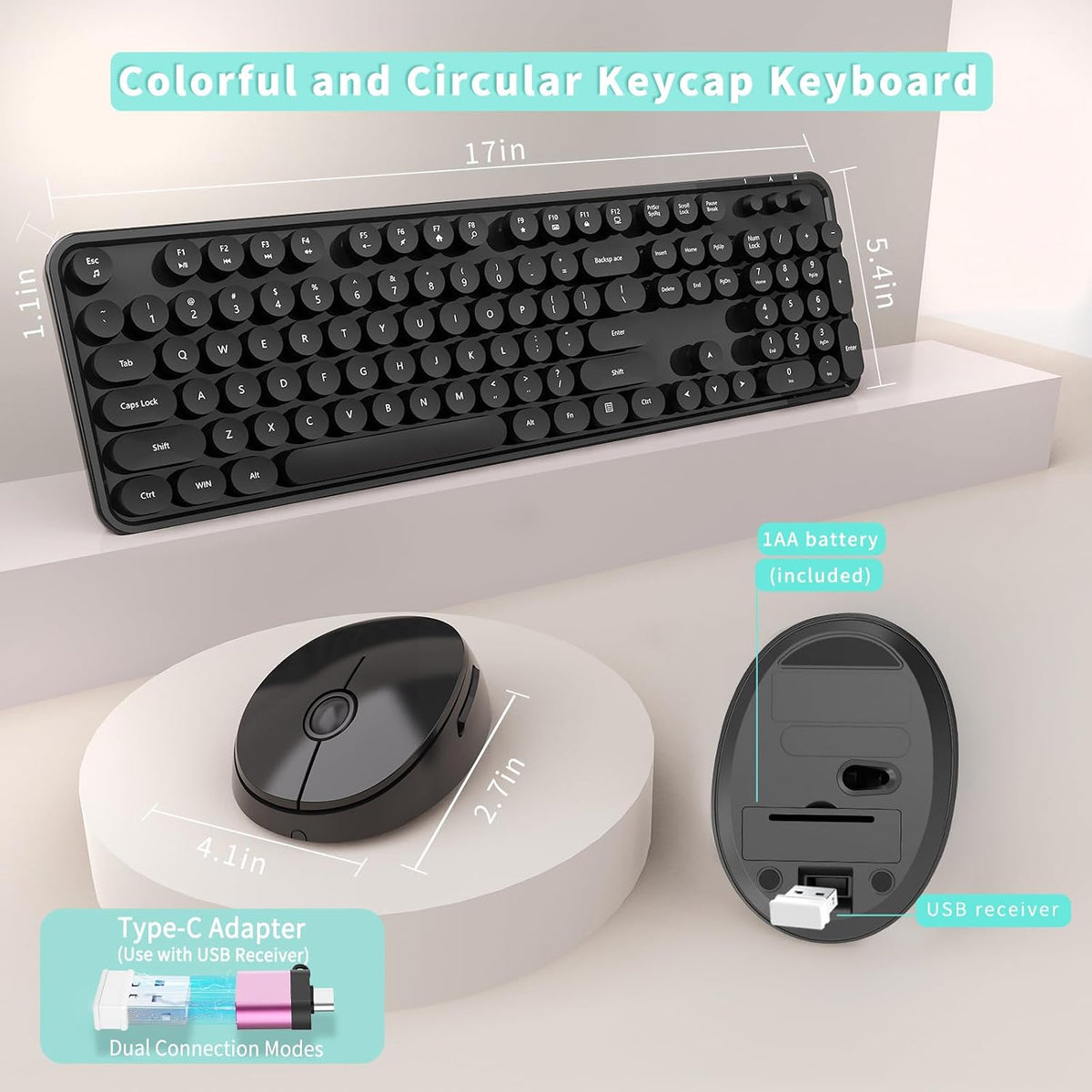 Wireless Keyboard and Mouse Combo, Ergonomic Full Size Typewriter Retro Round Keycaps Keyboard, Compatible with Windows, PC, Perfer for Home and Office Keyboards (Black