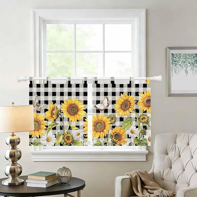 Sunflowers Kitchen Curtains 36 Inch Length, Small Window Curtains Tab Top
