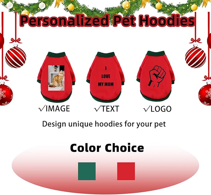 Custom Dog Hoodie, Personalized Sweatshirt with Photo Text Name Logo, Customized Hooded Sweater for Small Medium Large Dogs & Cats (Red + Green Sleeves, Small)