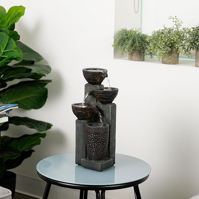 Alpine Corporation TZL412 14" Stoned Jar Cascading Water Fountain with LED Lights – Elegant Tabletop Water Feature for Home, Office, Living Room, Bedroom, and Desk Décor, Gray