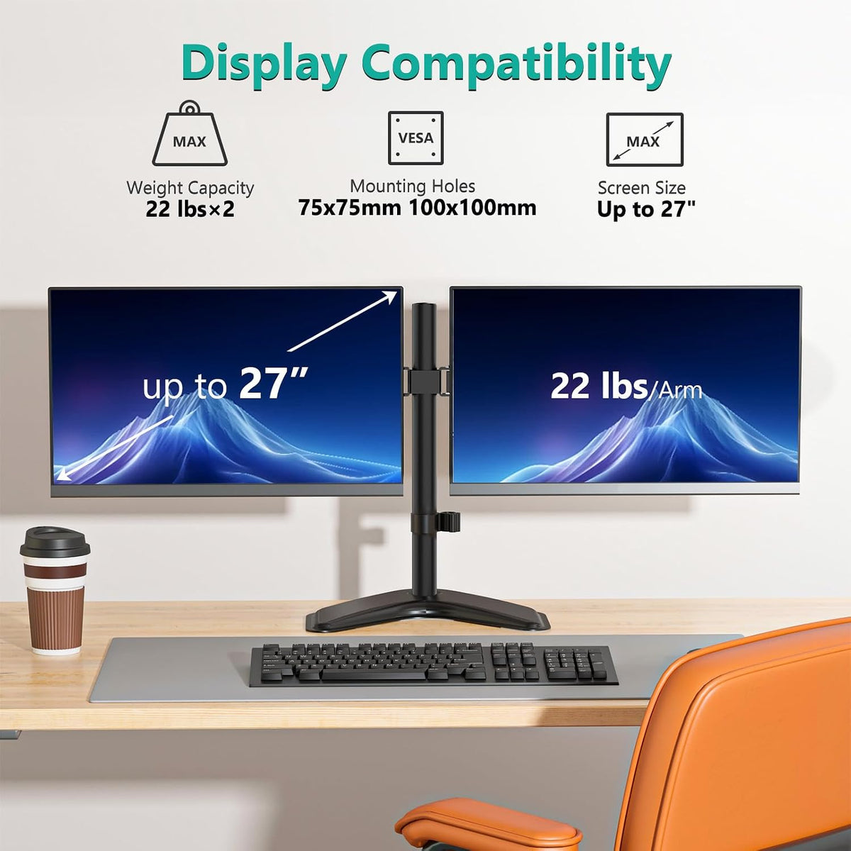 WALI Freestanding Dual Monitor Stand for 13-27 inch Screens, 22 lbs per Arm
