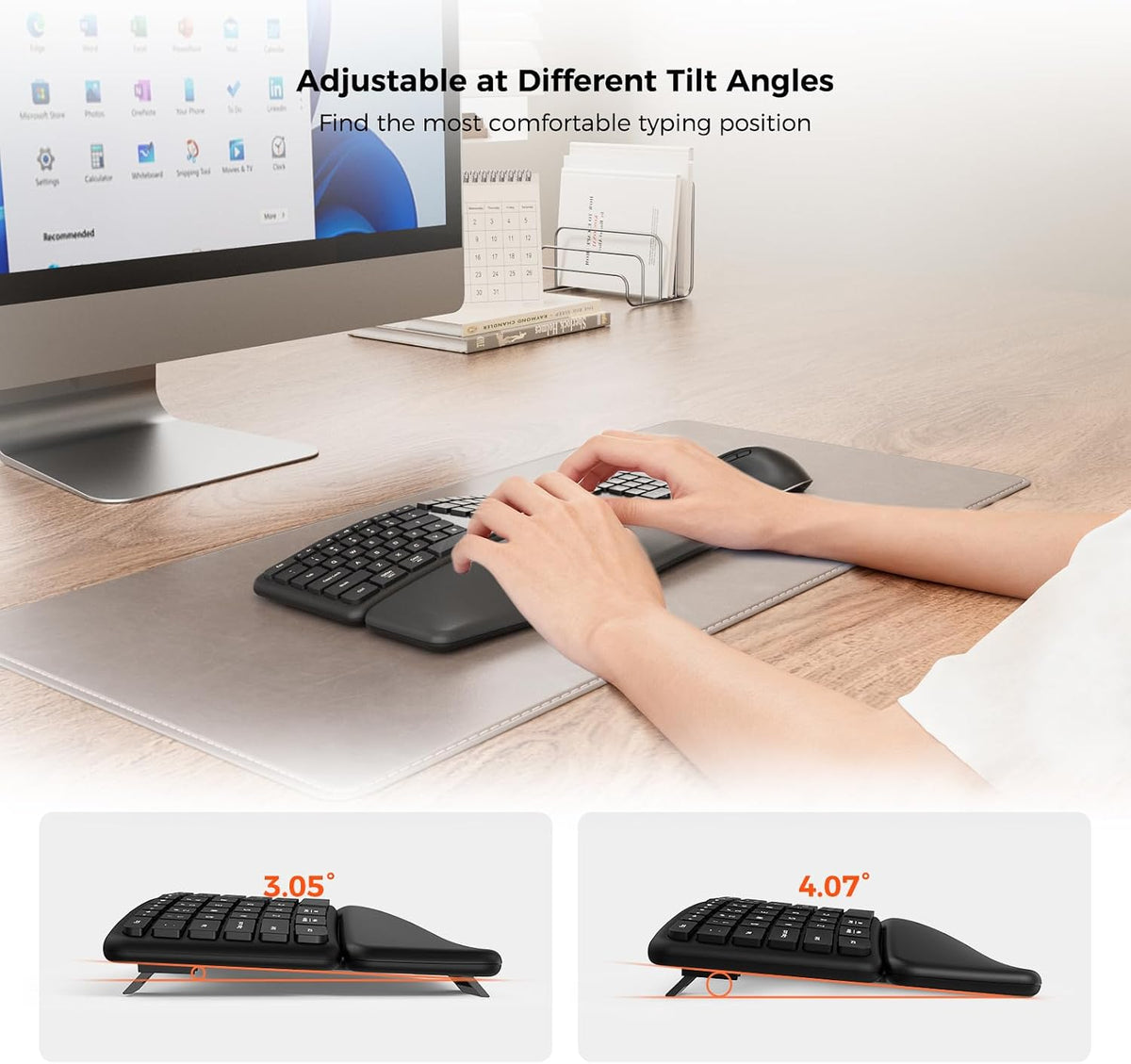 KYSONA Ergonomic Keyboard Mouse Wireless Combo, Full Size Bluetooth Split Keyboard with Wrist Rest, 4 Level DPI Ergo Mouse for Windows Mac OS Computer, Black