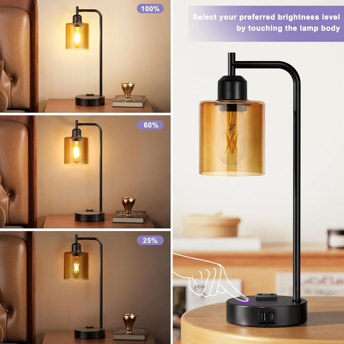 Industrial Touch Nightstand Lamps for Bedrooms Set of 2 - 3-Way Dimmable Table Lamps with USB C+A Ports and Outlet, Bedside Lamps with Amber Glass Shade for Living Room, Desk Lamps for Home Office