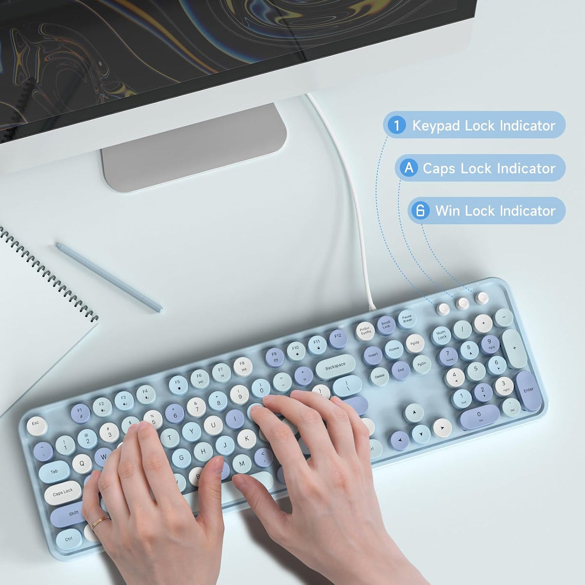 Dilter Wired Keyboard, Full-Sized Typewriter Keyboards, USB Plug and Play Office Keyboard with Number Pad, Caps Indicators, Foldable Stands for Windows, PC, Laptop, Desktop (Blue Colorful)