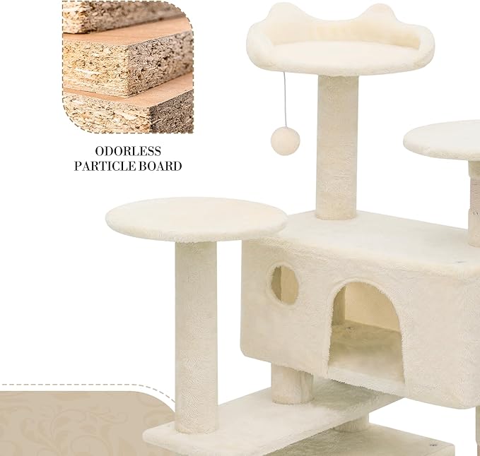 Athena Collection Cat Tree - 62"Multilevel Cat Scratching Post & Condo, Dangling Ball Activity Center for Indoor Cats, Beige