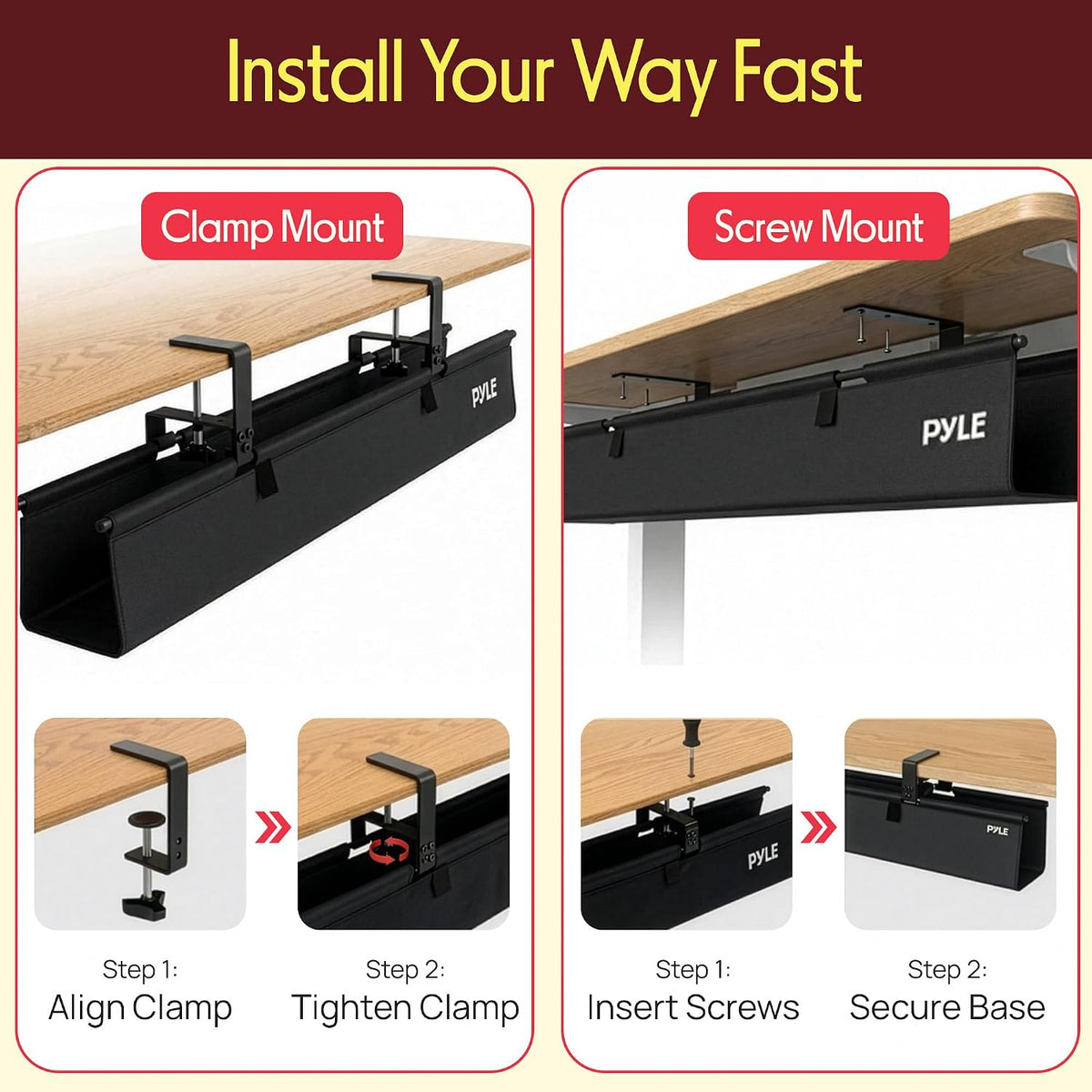 Pyle 36" Under Desk Cable Management Tray, Under Desk Wire Organizer with Clamp or Screw Mount, Desk Cable Organizer with Fabric Design for Large Workstations, Built-in Ties, 20 lb Capacity, Black