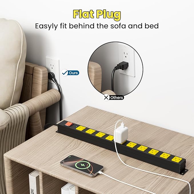 10 Outlet Metal Power Strip with 2100J Surge Protector, Heavy Duty 10FT Extension Cord, Wide Spaced Outlets and Wall Mount for Garage, Workshop, Industrial, Home (10ft)