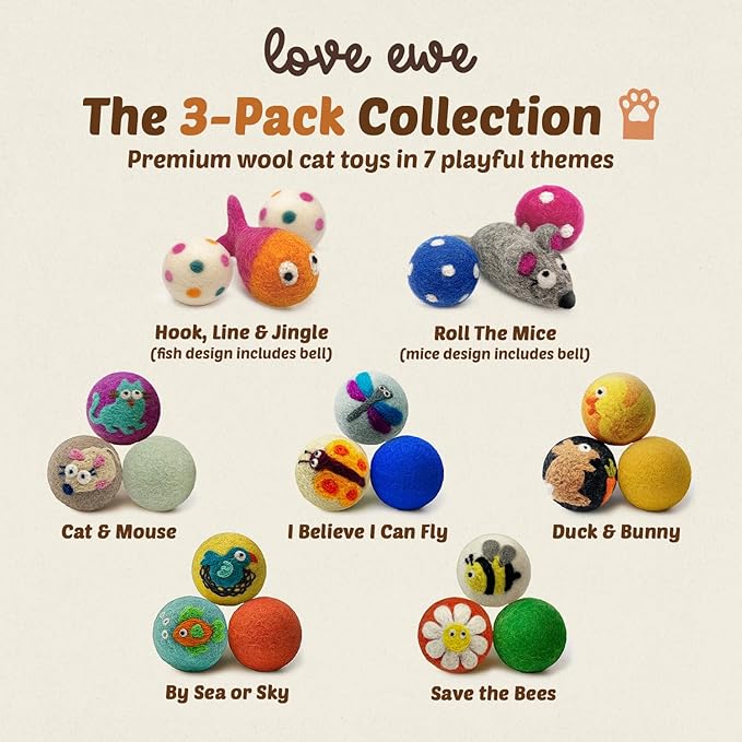 Hustle & Blush Love Ewe Felted Cat Toys 3 Pack - 2 Inch Flower & Bee Hand Made Cute & Fun Design Kitten Wool Felt Balls for Indoor Play & Exercise - 100% New Zealand Handmade - Holiday Pet
